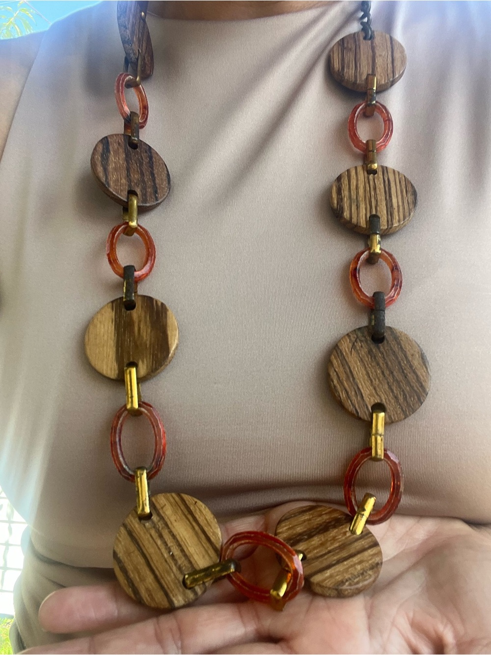 Vintage Wooden Disc Necklace with tortoiseshell links with Gold Accents